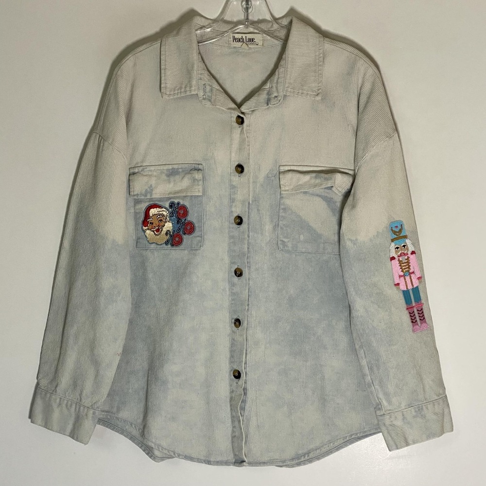 Peach Love California Jacket Womens Medium Blue Corduroy Sequin Christmas Santa